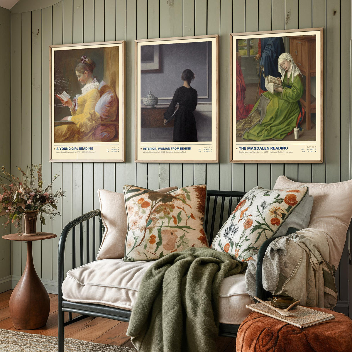 Quiet Interiors Set of Three Art Prints - A Young Girl Reading, The Magdalen Reading - Fragonard Hammershoi van der Weyden Painting Posters