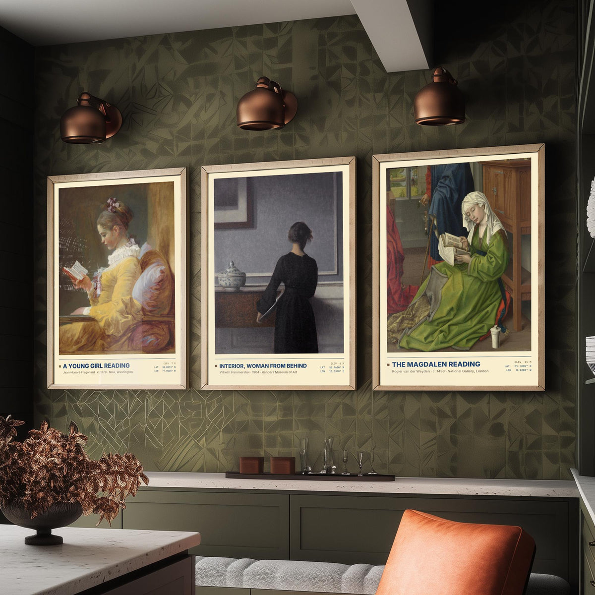 Quiet Interiors Set of Three Art Prints - A Young Girl Reading, The Magdalen Reading - Fragonard Hammershoi van der Weyden Painting Posters