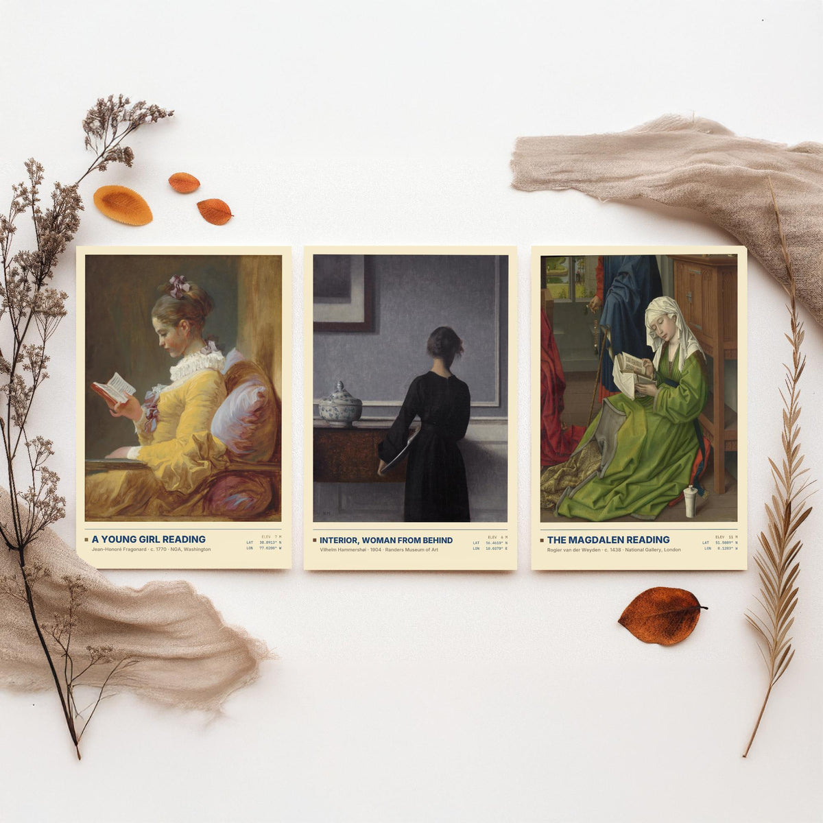 Quiet Interiors Set of Three Art Prints - A Young Girl Reading, The Magdalen Reading - Fragonard Hammershoi van der Weyden Painting Posters