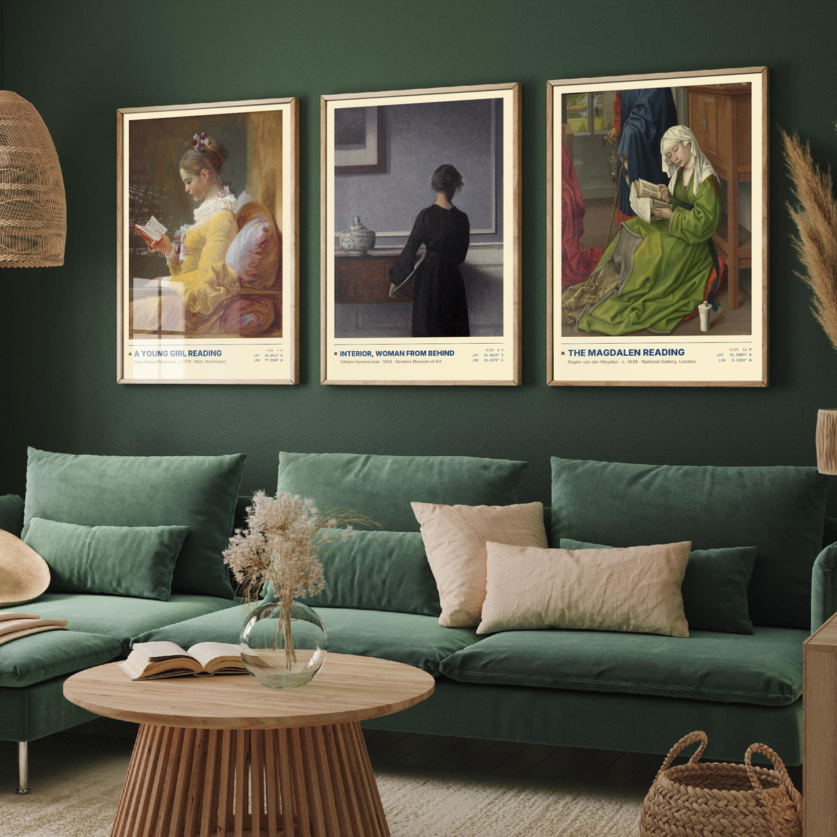Quiet Interiors Set of Three Art Prints - A Young Girl Reading, The Magdalen Reading - Fragonard Hammershoi van der Weyden Painting Posters