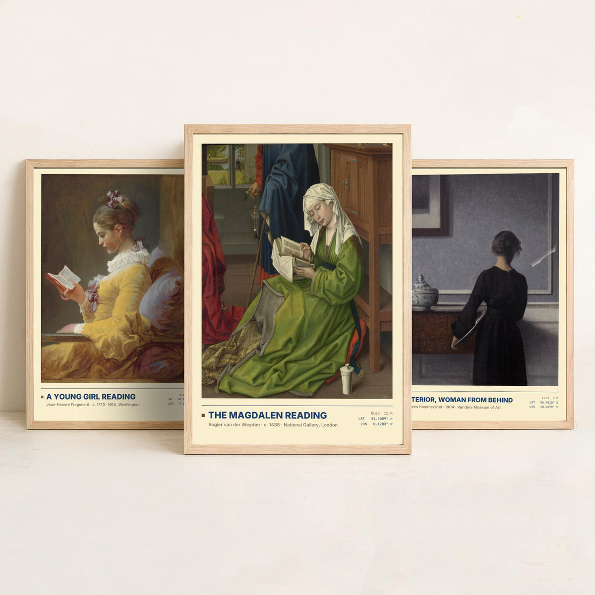 Quiet Interiors Set of Three Art Prints - A Young Girl Reading, The Magdalen Reading - Fragonard Hammershoi van der Weyden Painting Posters