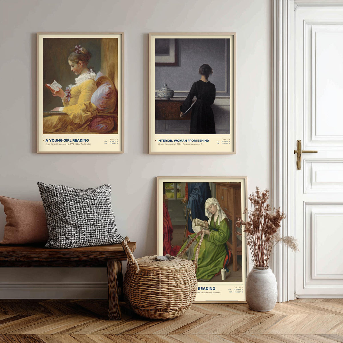 Quiet Interiors Set of Three Art Prints - A Young Girl Reading, The Magdalen Reading - Fragonard Hammershoi van der Weyden Painting Posters