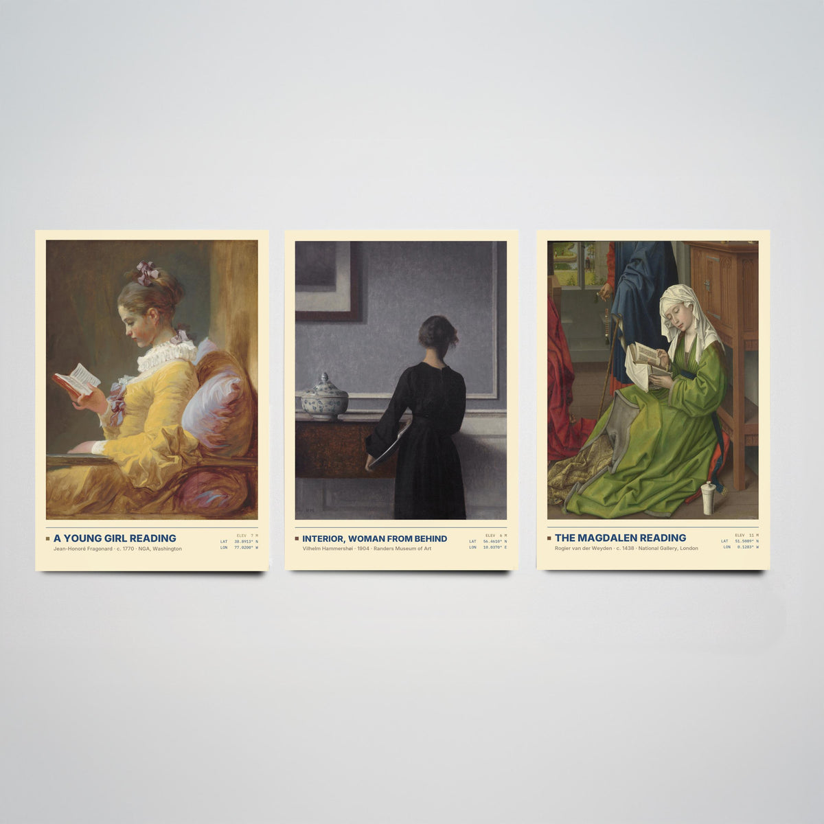 Quiet Interiors Set of Three Art Prints - A Young Girl Reading, The Magdalen Reading - Fragonard Hammershoi van der Weyden Painting Posters