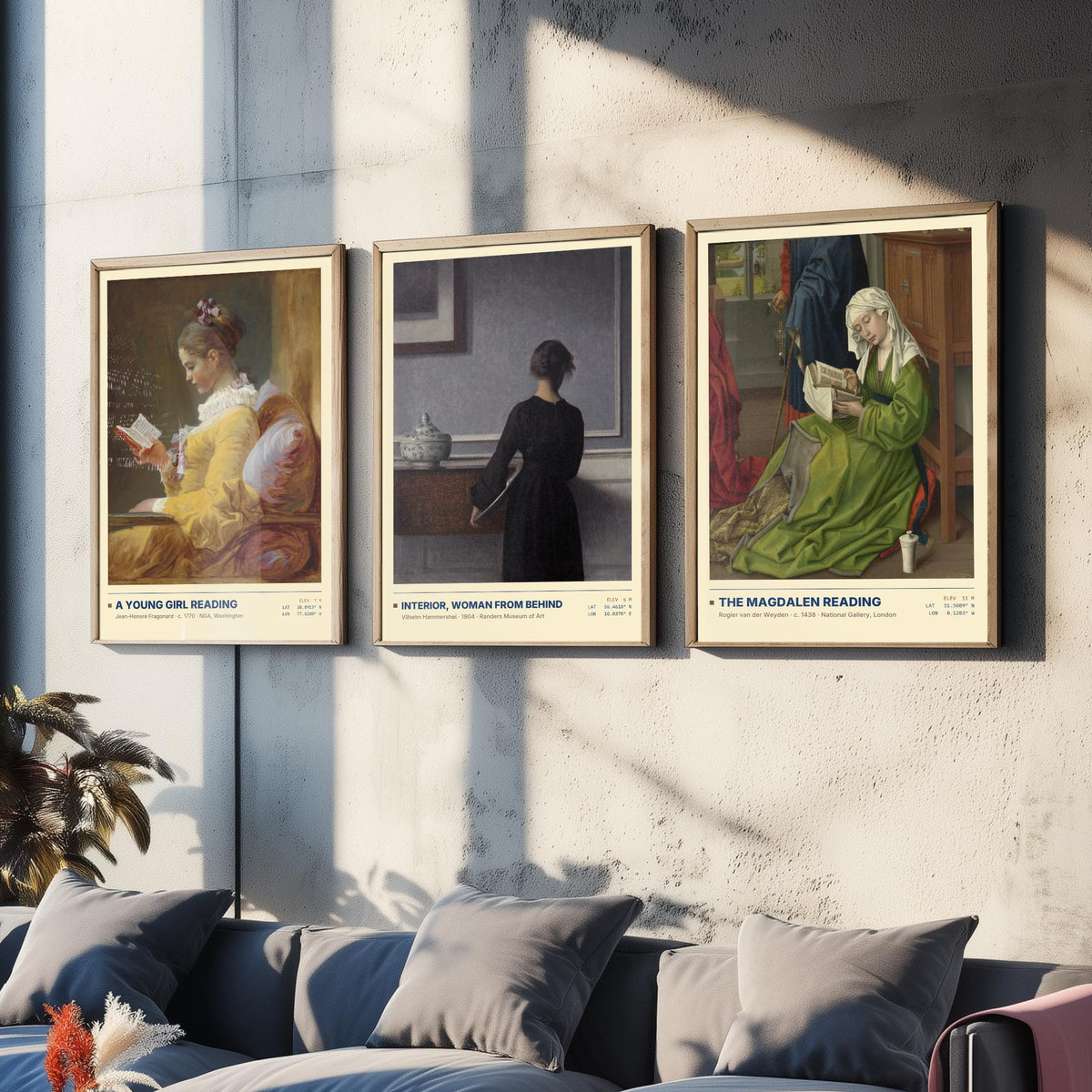 Quiet Interiors Set of Three Art Prints - A Young Girl Reading, The Magdalen Reading - Fragonard Hammershoi van der Weyden Painting Posters