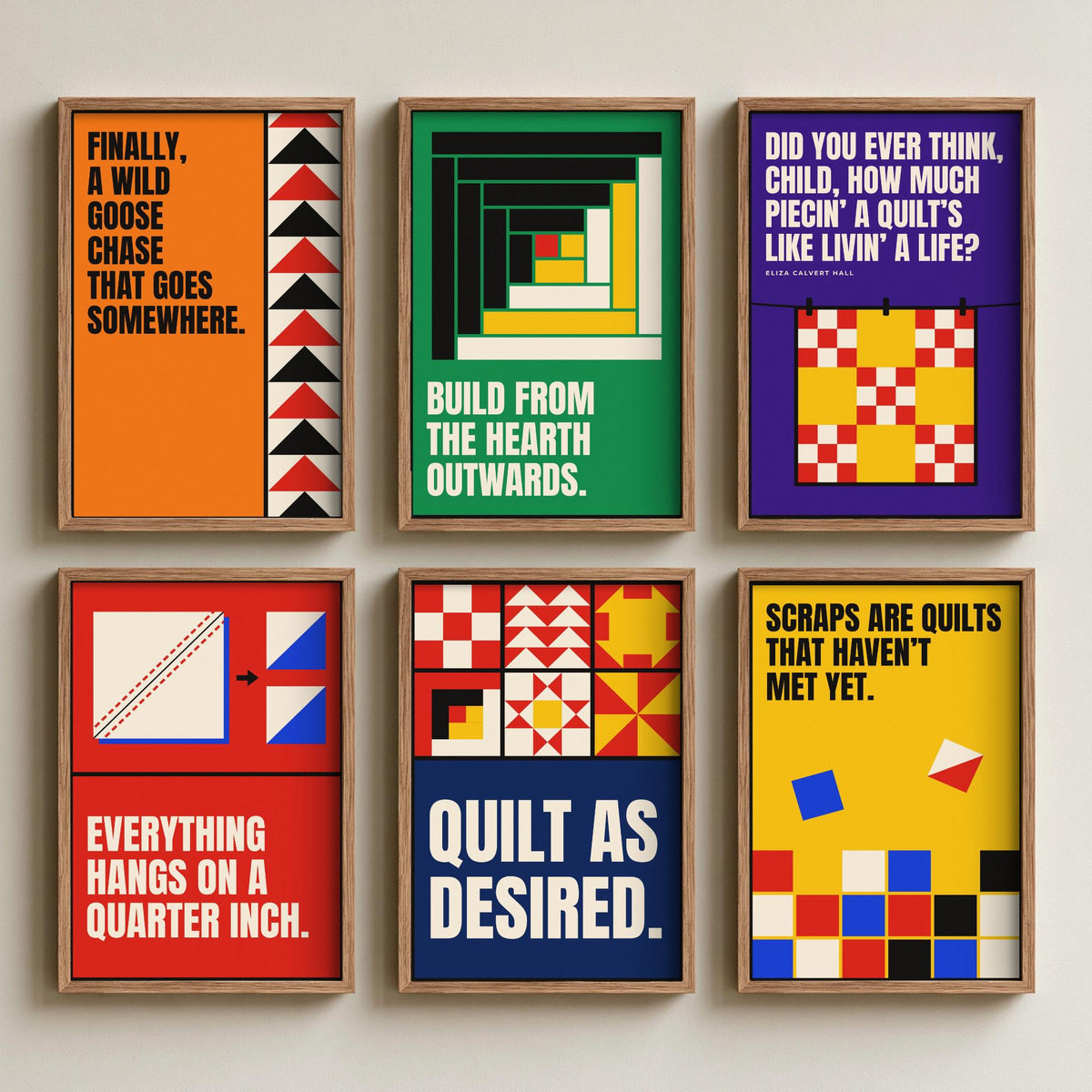Set of Six Quilting Quote Art Prints - 6 Bauhaus Quilter Posters - Minimalist Craft Illustration - Flying Geese, Log Cabin