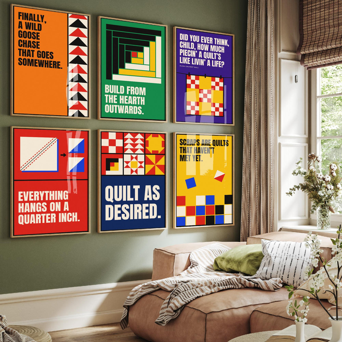 Set of Six Quilting Quote Art Prints - 6 Bauhaus Quilter Posters - Minimalist Craft Illustration - Flying Geese, Log Cabin