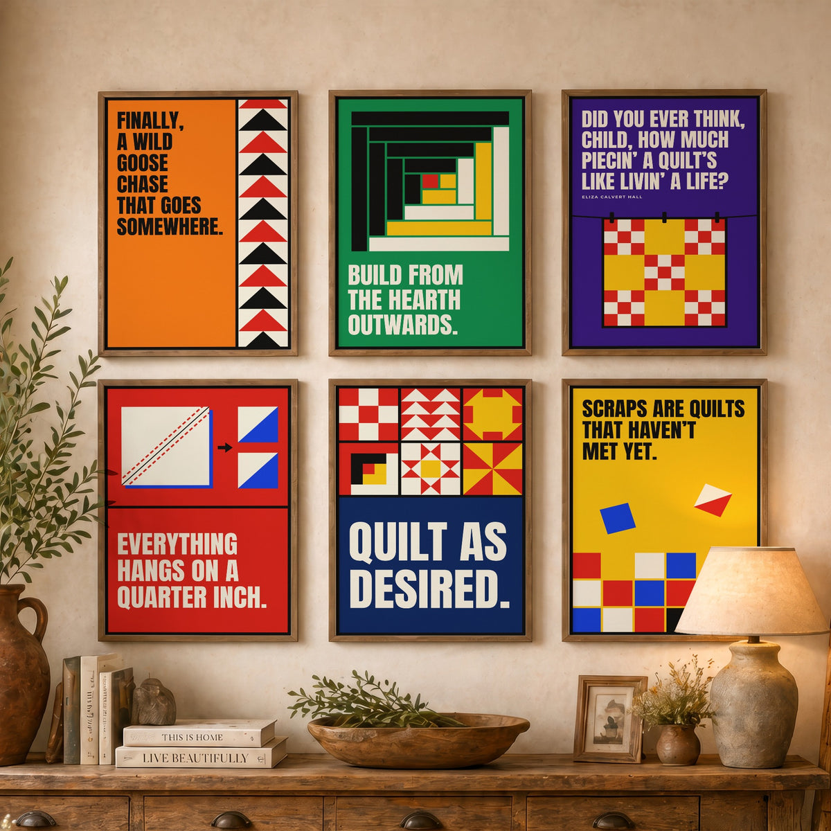 Set of Six Quilting Quote Art Prints - 6 Bauhaus Quilter Posters - Minimalist Craft Illustration - Flying Geese, Log Cabin