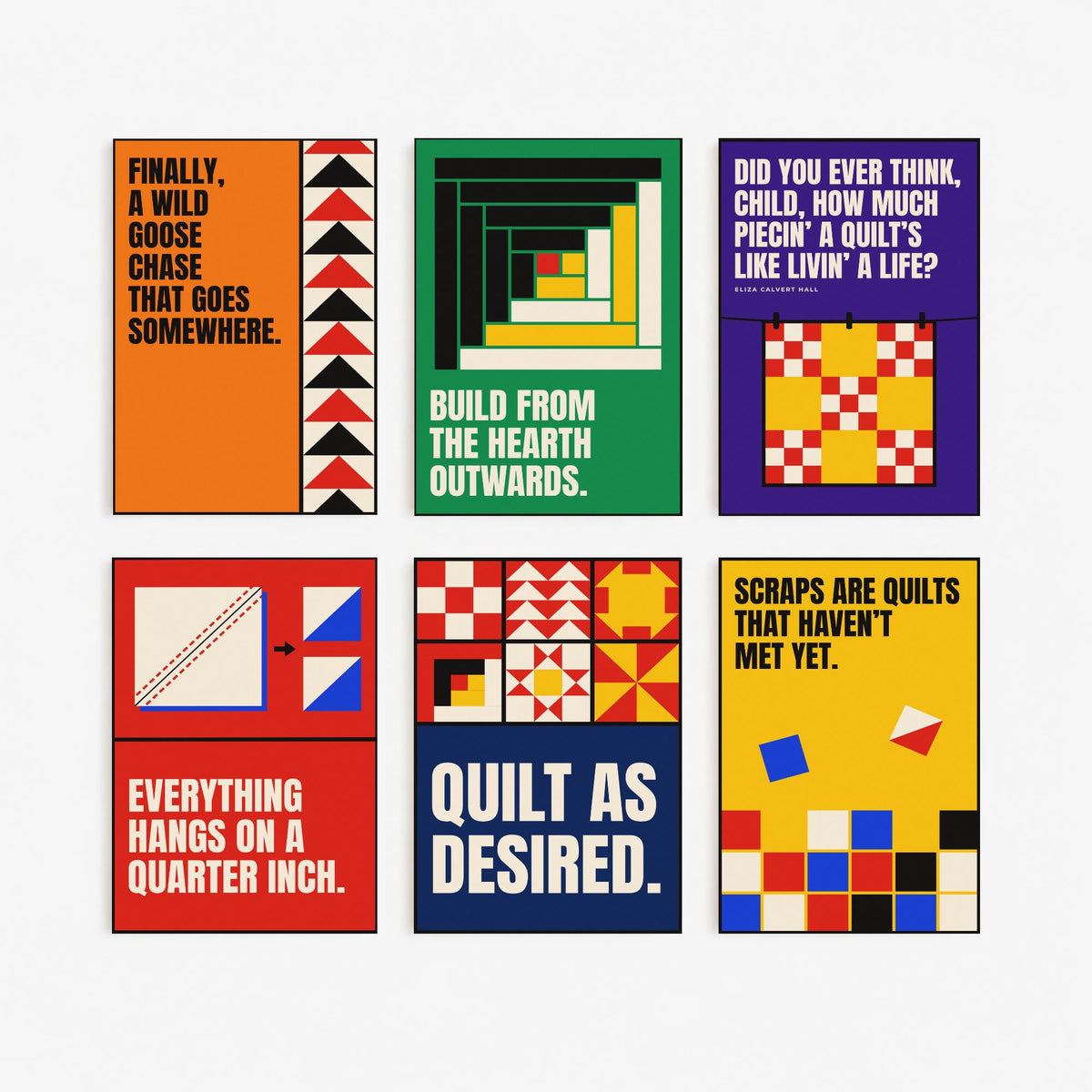Set of Six Quilting Quote Art Prints - 6 Bauhaus Quilter Posters - Minimalist Craft Illustration - Flying Geese, Log Cabin