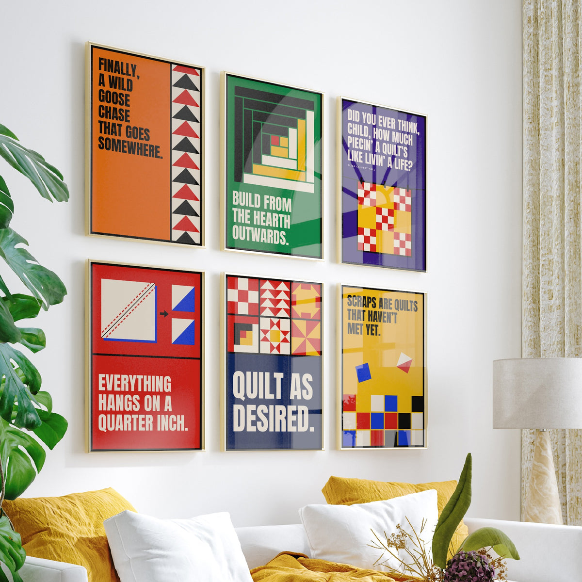 Set of Six Quilting Quote Art Prints - 6 Bauhaus Quilter Posters - Minimalist Craft Illustration - Flying Geese, Log Cabin
