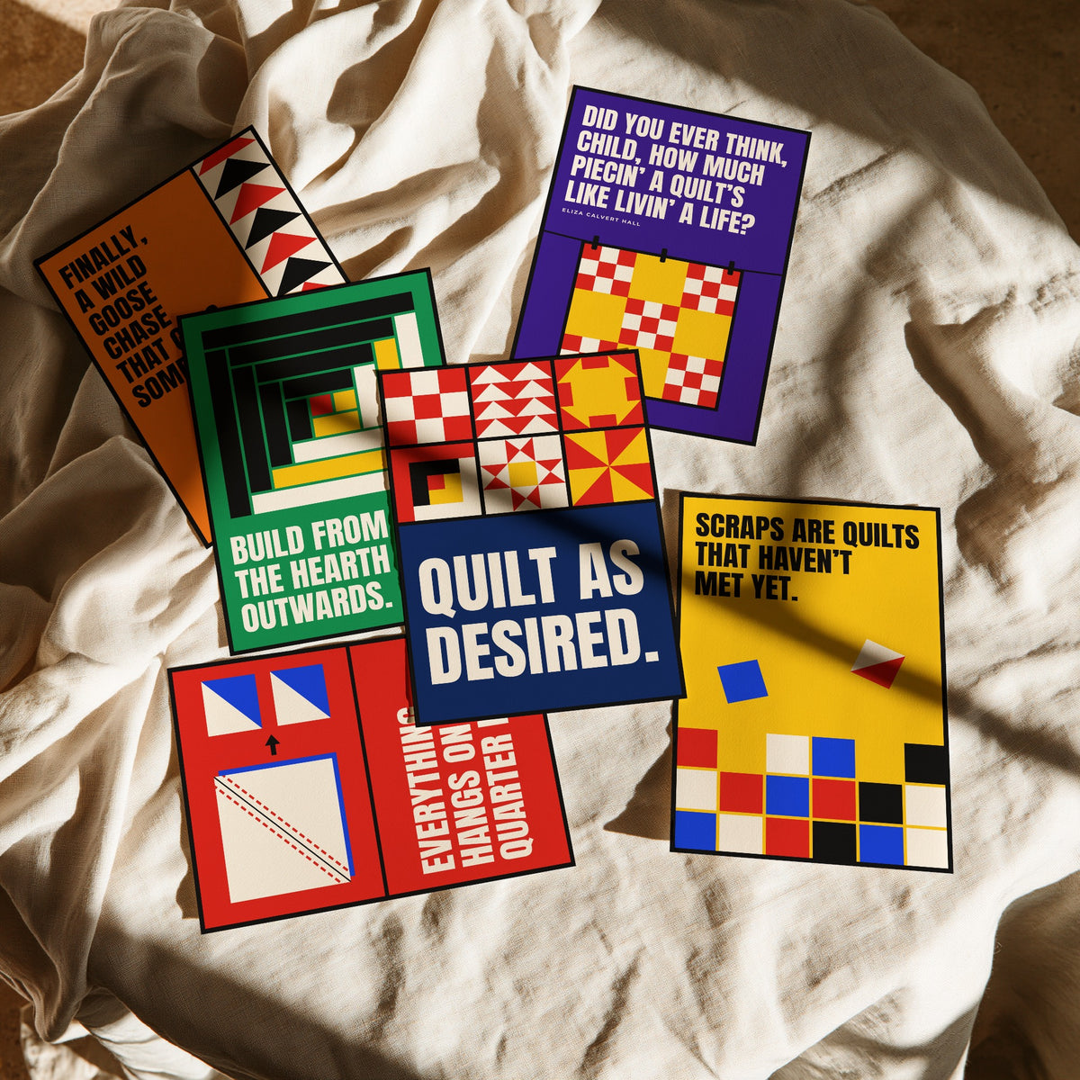 Set of Six Quilting Quote Art Prints - 6 Bauhaus Quilter Posters - Minimalist Craft Illustration - Flying Geese, Log Cabin
