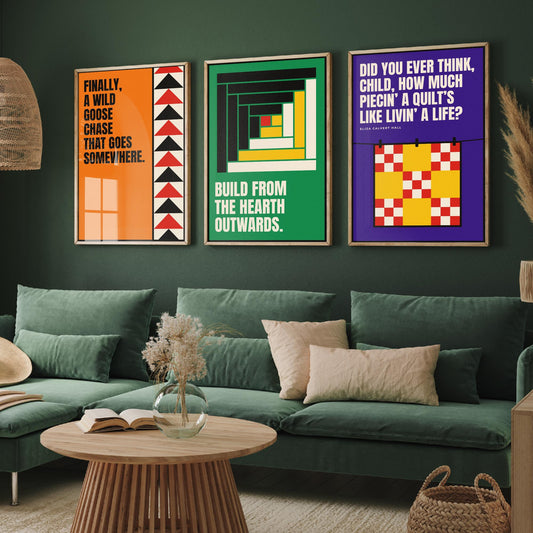 Quilting Quotes Set of Three Art Prints - 3 Bauhaus Quilter Posters - Minimalist Craft Wall Art Illustration V1