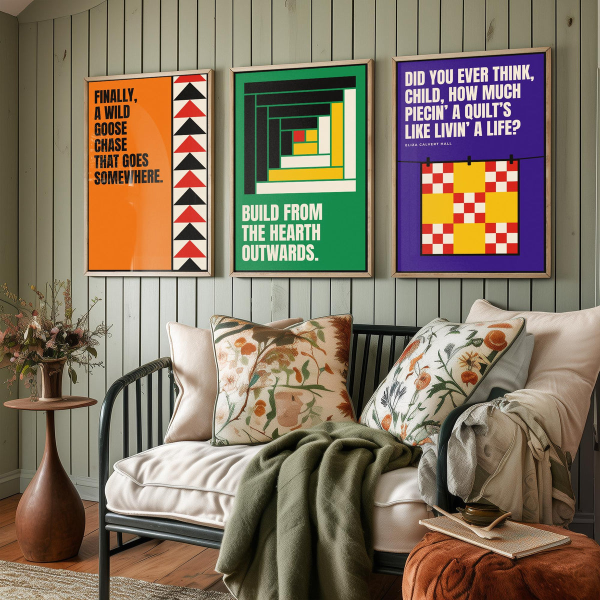 Quilting Quotes Set of Three Art Prints - 3 Bauhaus Quilter Posters - Minimalist Craft Wall Art Illustration V1