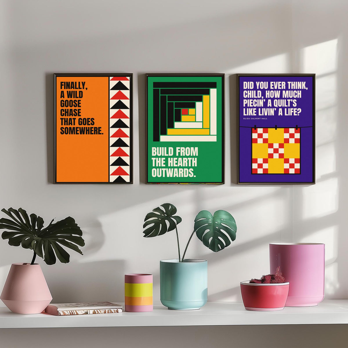 Quilting Quotes Set of Three Art Prints - 3 Bauhaus Quilter Posters - Minimalist Craft Wall Art Illustration V1