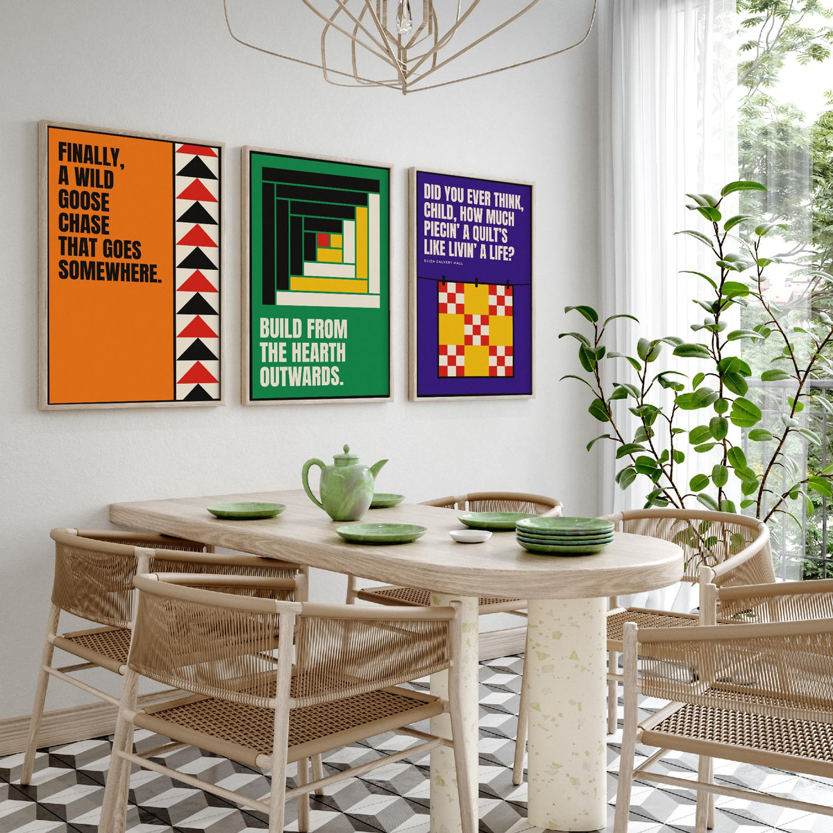 Quilting Quotes Set of Three Art Prints - 3 Bauhaus Quilter Posters - Minimalist Craft Wall Art Illustration V1