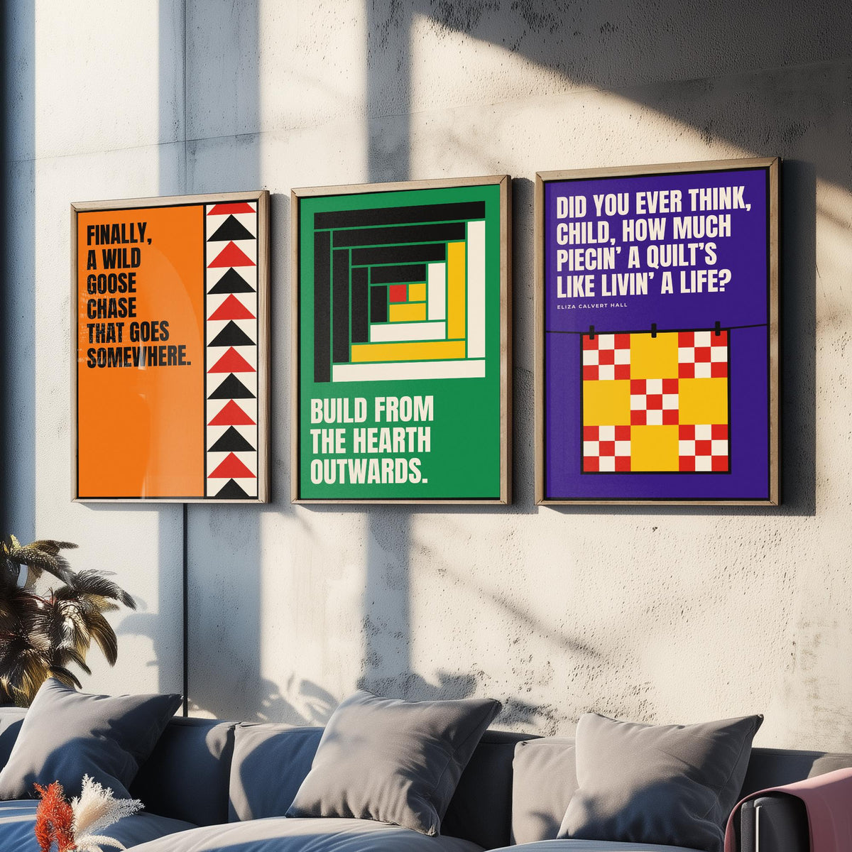 Quilting Quotes Set of Three Art Prints - 3 Bauhaus Quilter Posters - Minimalist Craft Wall Art Illustration V1