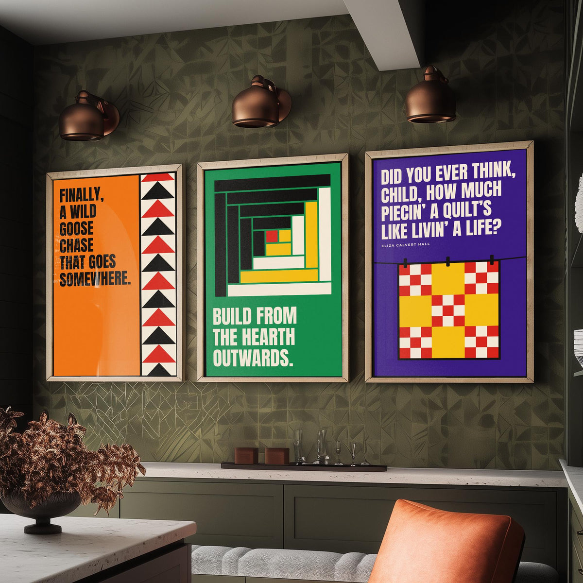 Quilting Quotes Set of Three Art Prints - 3 Bauhaus Quilter Posters - Minimalist Craft Wall Art Illustration V1