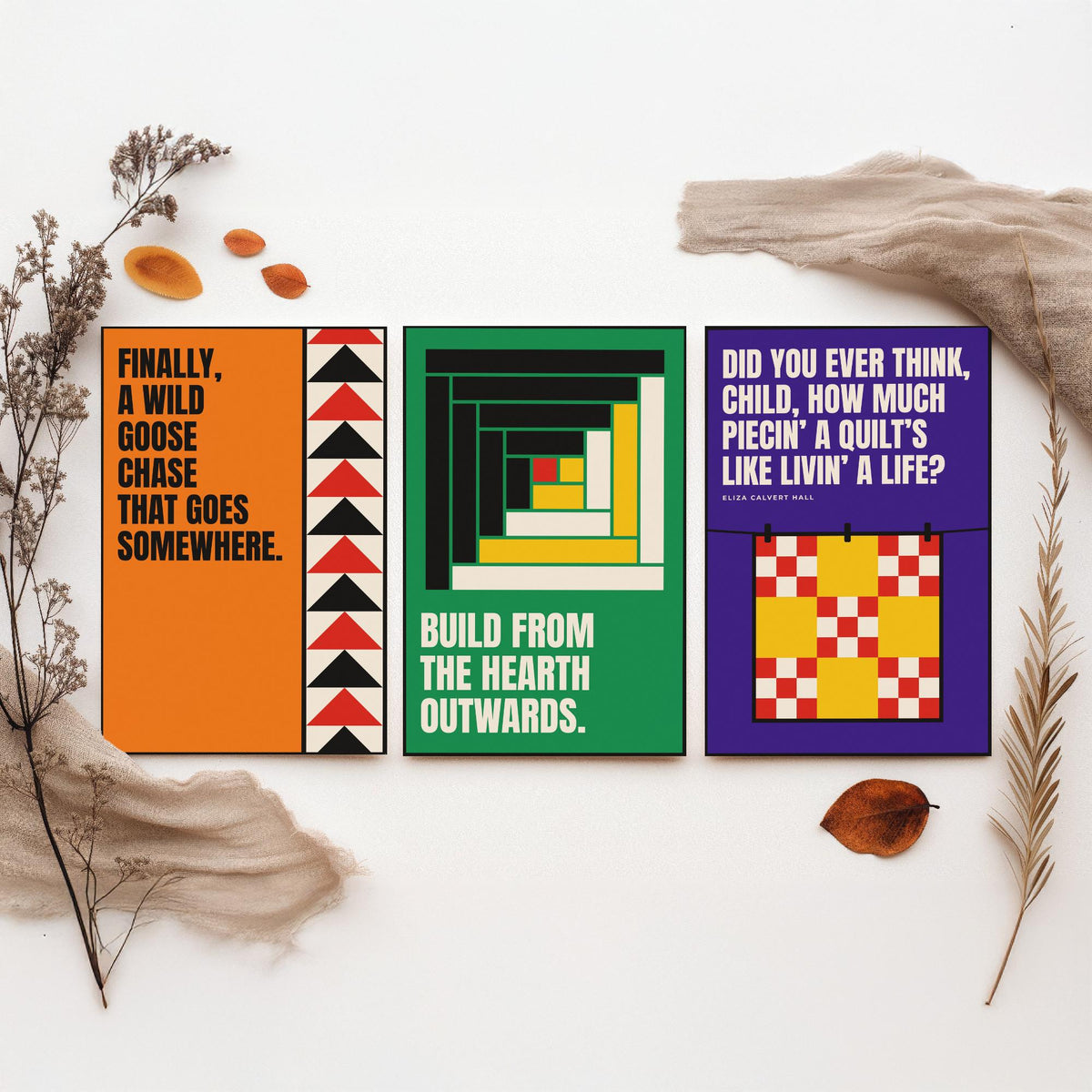 Quilting Quotes Set of Three Art Prints - 3 Bauhaus Quilter Posters - Minimalist Craft Wall Art Illustration V1