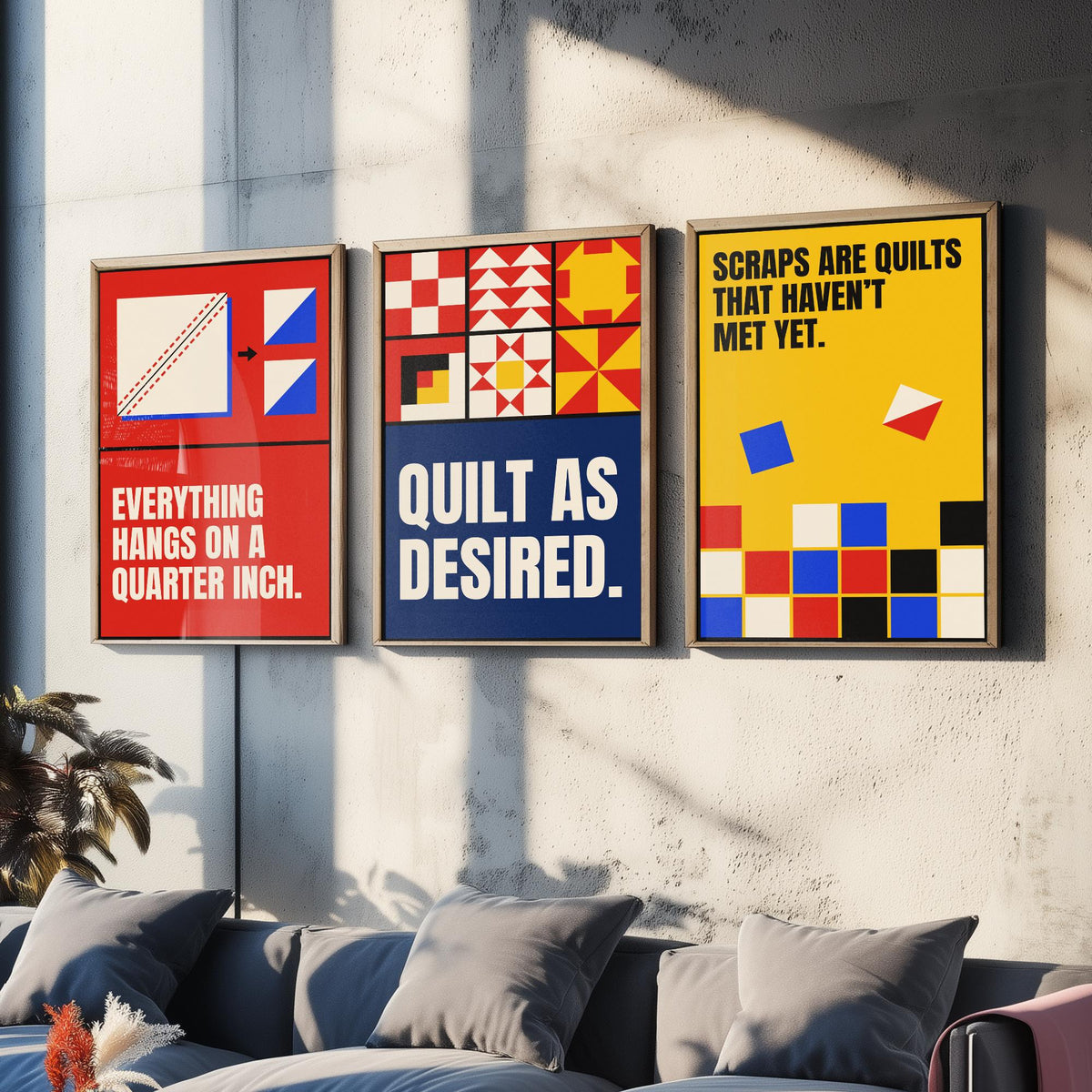 Quilting Quotes Set of Three Art Prints - 3 Retro Bauhaus Quilter Posters - Minimalist Craft Wall Art Illustration V2