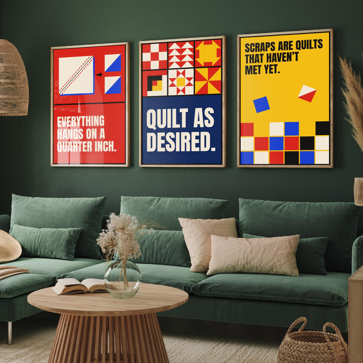 Quilting Quotes Set of Three Art Prints - 3 Retro Bauhaus Quilter Posters - Minimalist Craft Wall Art Illustration V2
