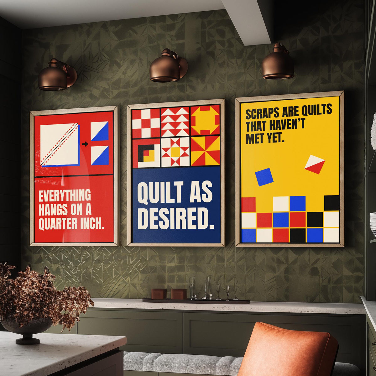 Quilting Quotes Set of Three Art Prints - 3 Retro Bauhaus Quilter Posters - Minimalist Craft Wall Art Illustration V2