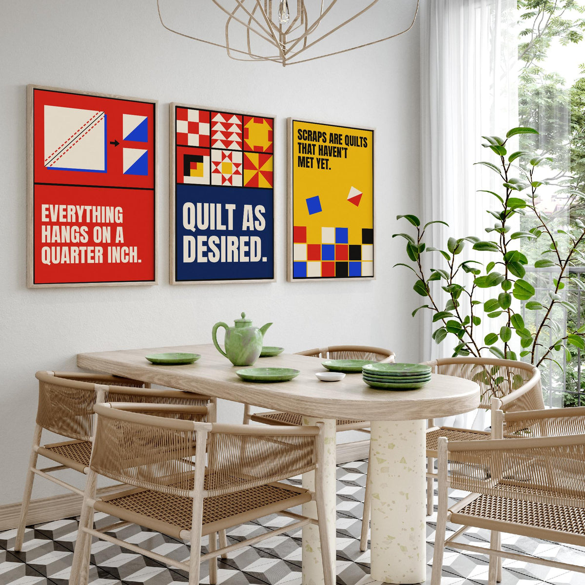 Quilting Quotes Set of Three Art Prints - 3 Retro Bauhaus Quilter Posters - Minimalist Craft Wall Art Illustration V2