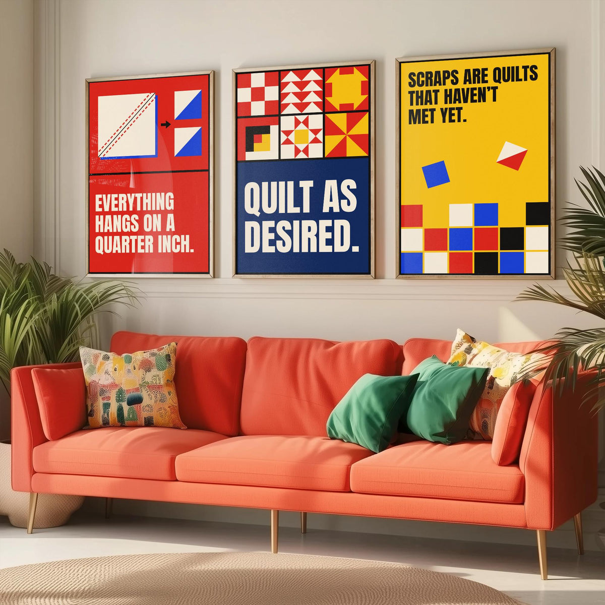 Quilting Quotes Set of Three Art Prints - 3 Retro Bauhaus Quilter Posters - Minimalist Craft Wall Art Illustration V2