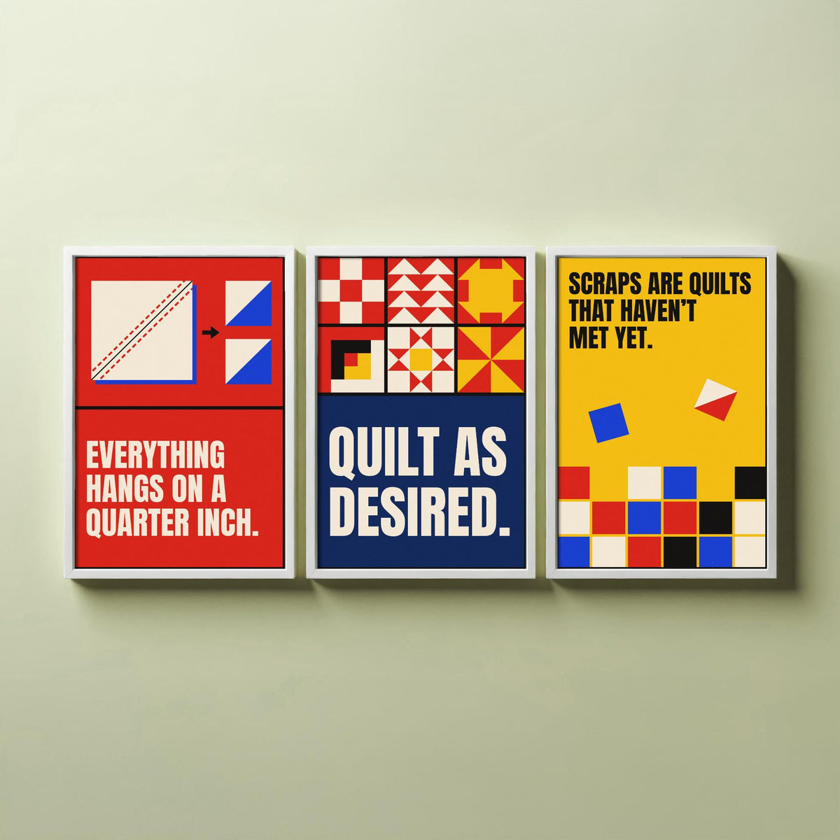 Quilting Quotes Set of Three Art Prints - 3 Retro Bauhaus Quilter Posters - Minimalist Craft Wall Art Illustration V2