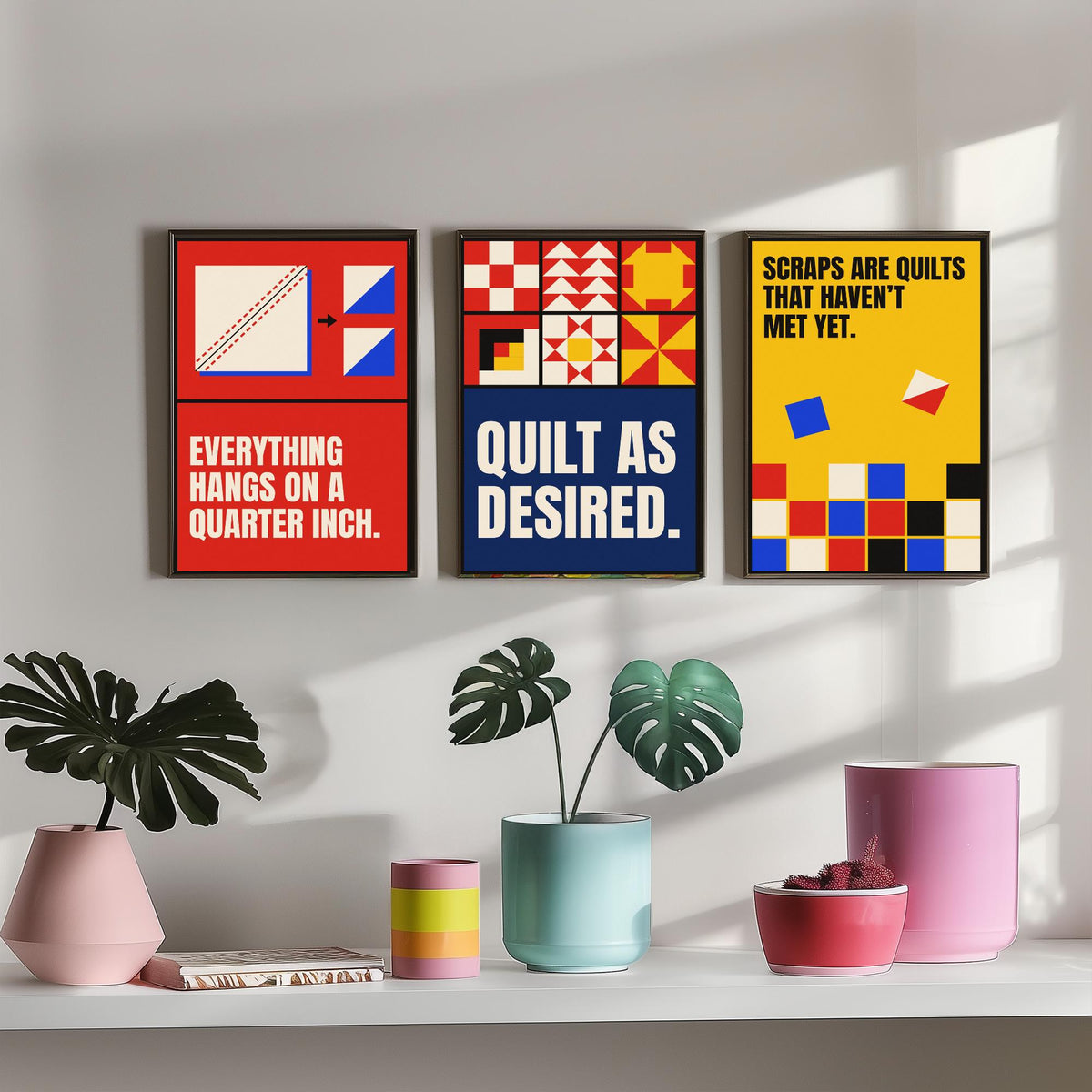 Quilting Quotes Set of Three Art Prints - 3 Retro Bauhaus Quilter Posters - Minimalist Craft Wall Art Illustration V2