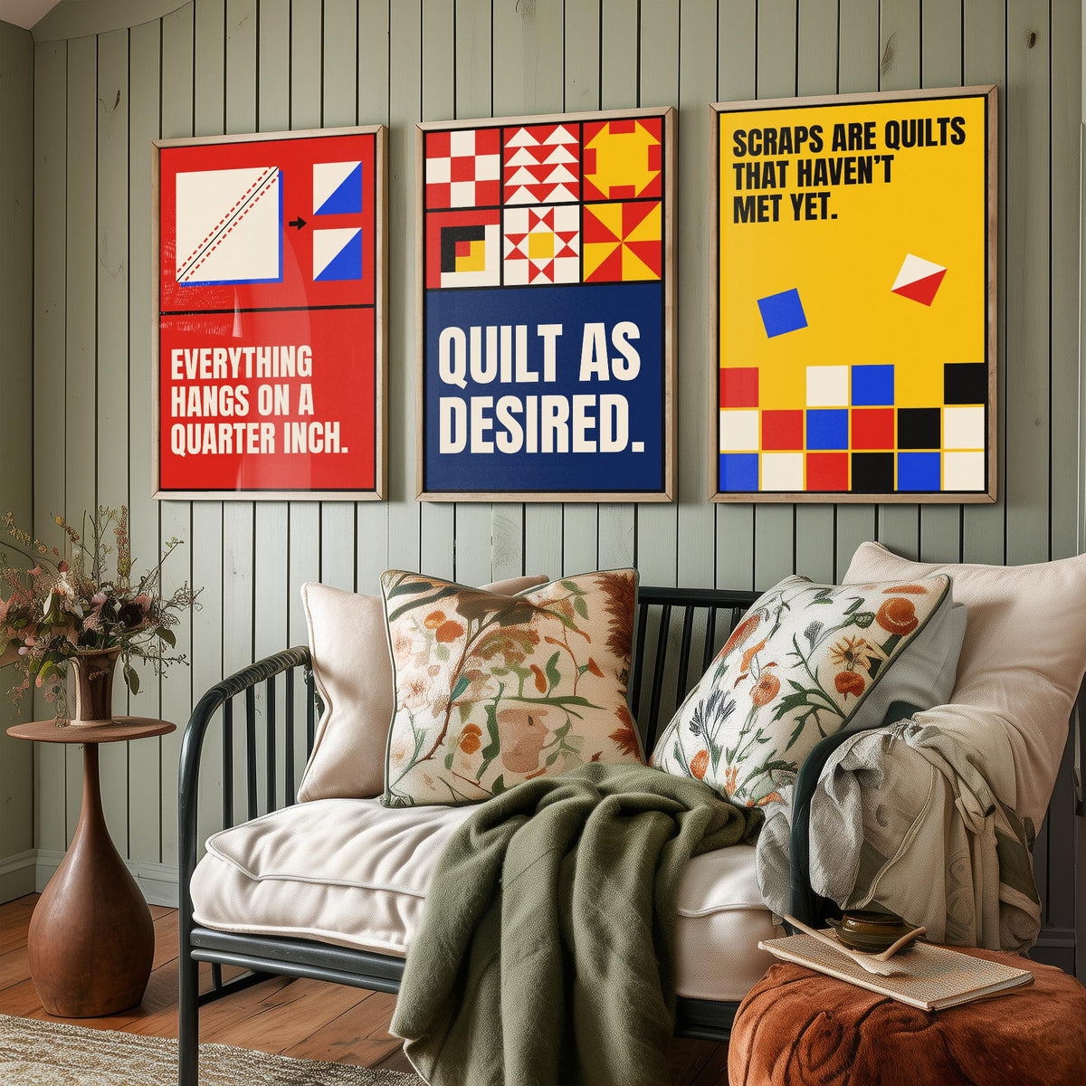 Quilting Quotes Set of Three Art Prints - 3 Retro Bauhaus Quilter Posters - Minimalist Craft Wall Art Illustration V2