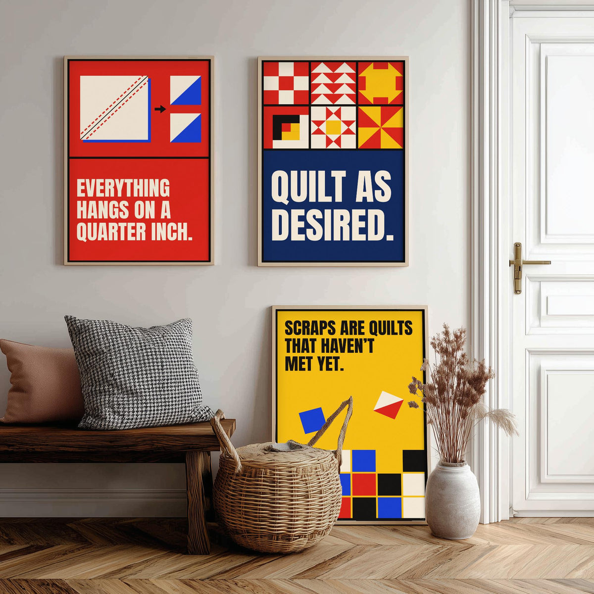 Quilting Quotes Set of Three Art Prints - 3 Retro Bauhaus Quilter Posters - Minimalist Craft Wall Art Illustration V2