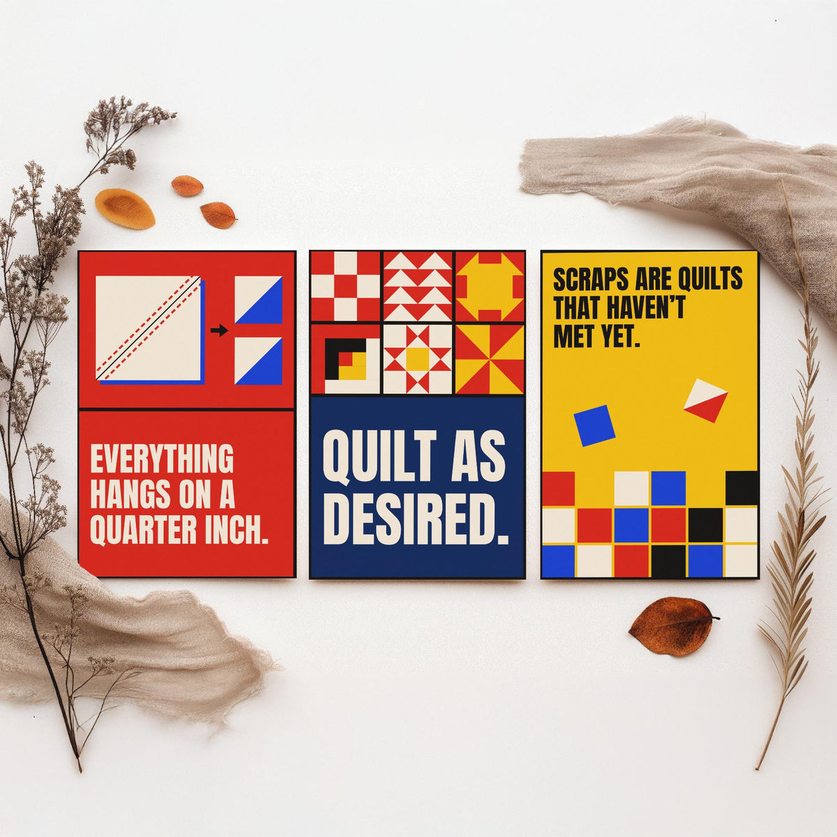 Quilting Quotes Set of Three Art Prints - 3 Retro Bauhaus Quilter Posters - Minimalist Craft Wall Art Illustration V2