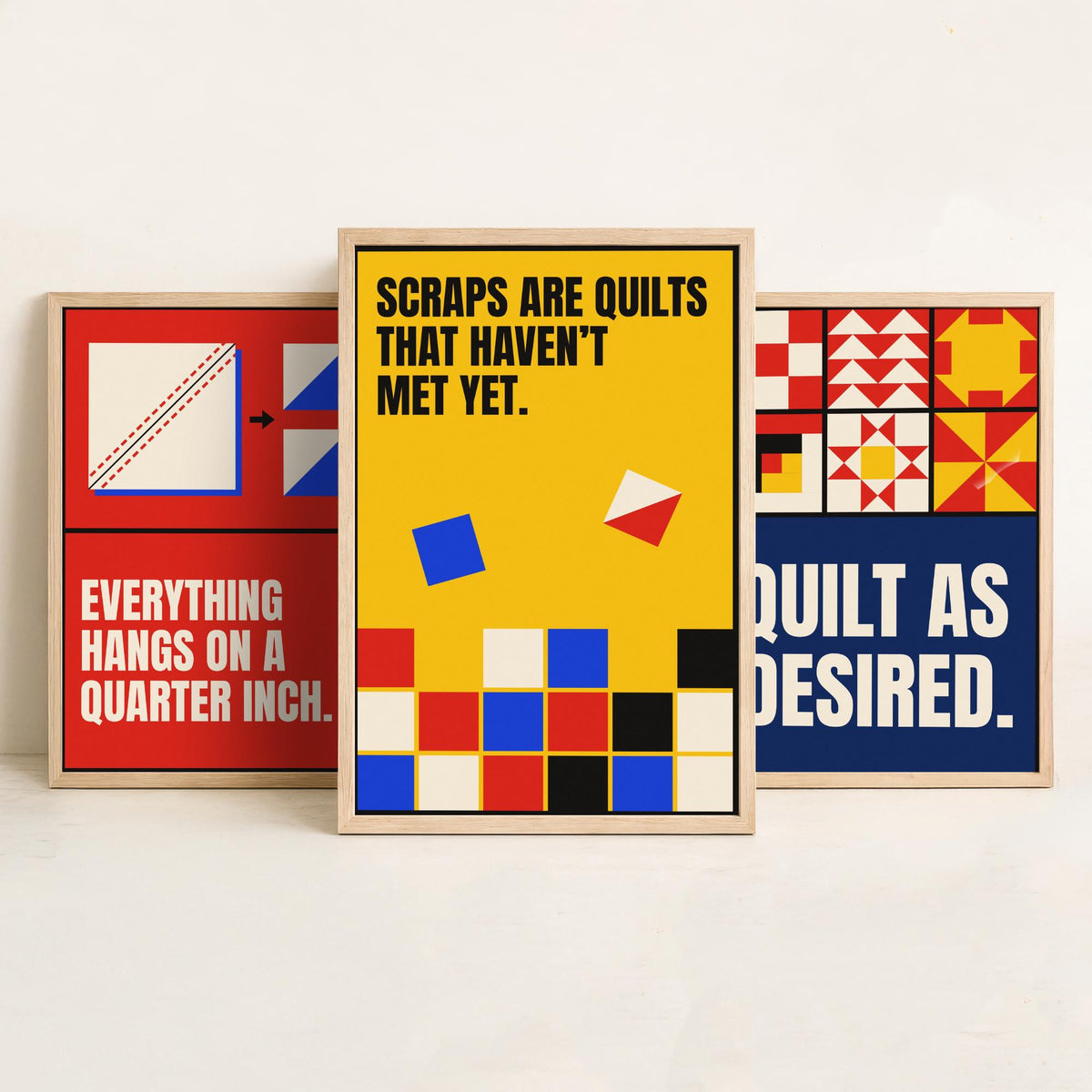 Quilting Quotes Set of Three Art Prints - 3 Retro Bauhaus Quilter Posters - Minimalist Craft Wall Art Illustration V2