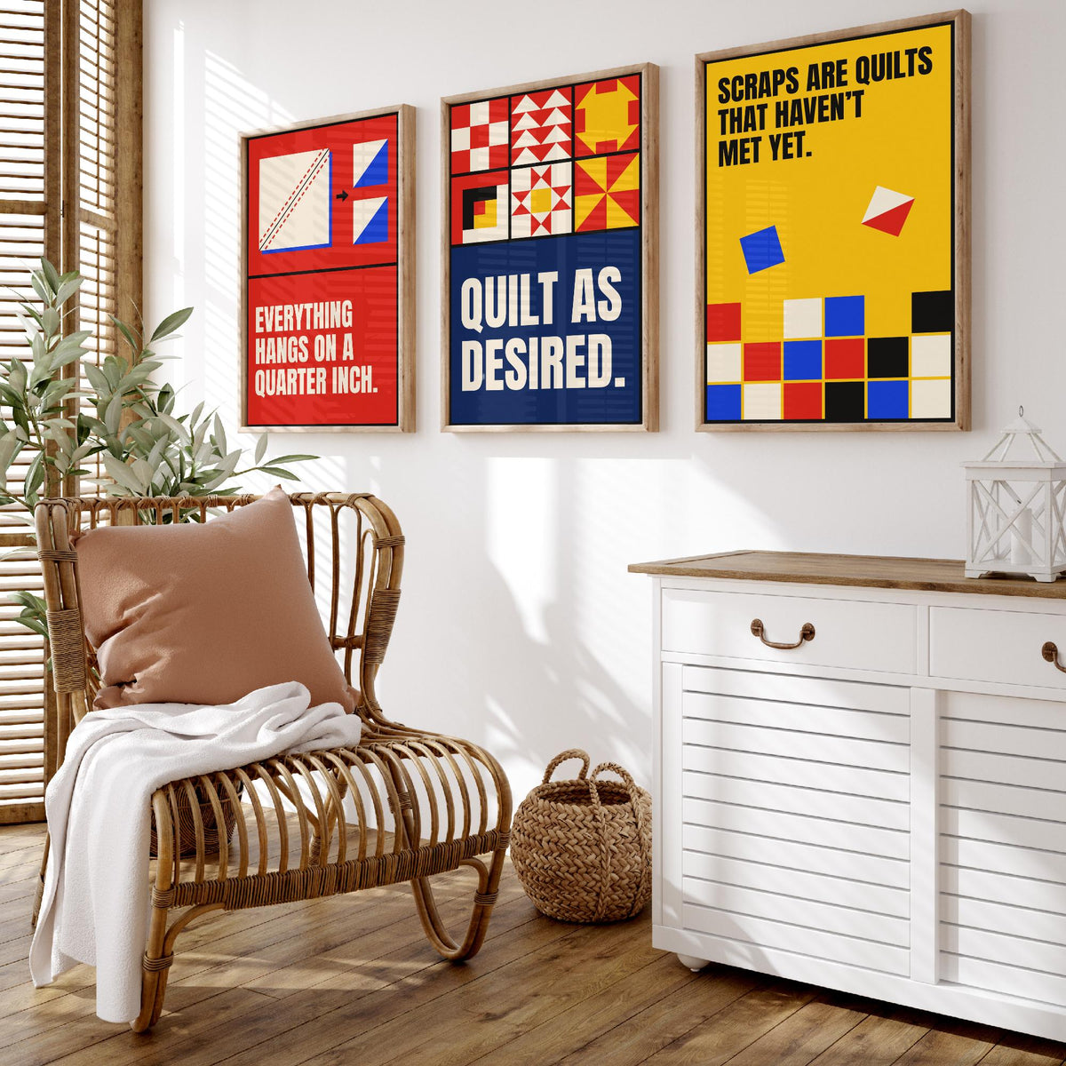 Quilting Quotes Set of Three Art Prints - 3 Retro Bauhaus Quilter Posters - Minimalist Craft Wall Art Illustration V2