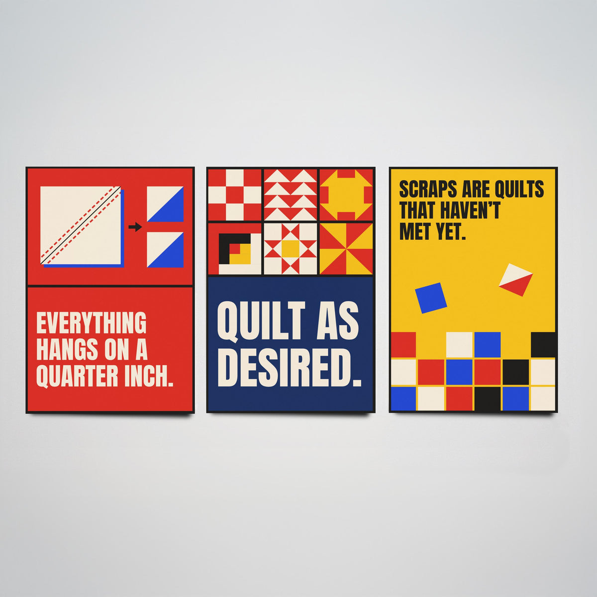 Quilting Quotes Set of Three Art Prints - 3 Retro Bauhaus Quilter Posters - Minimalist Craft Wall Art Illustration V2