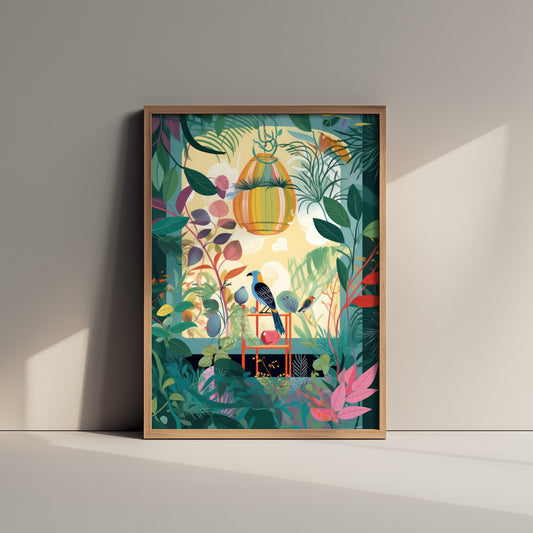 Botanical Birds Art Print - Tropical Jungle Illustration - Birdcage Plant Room Poster