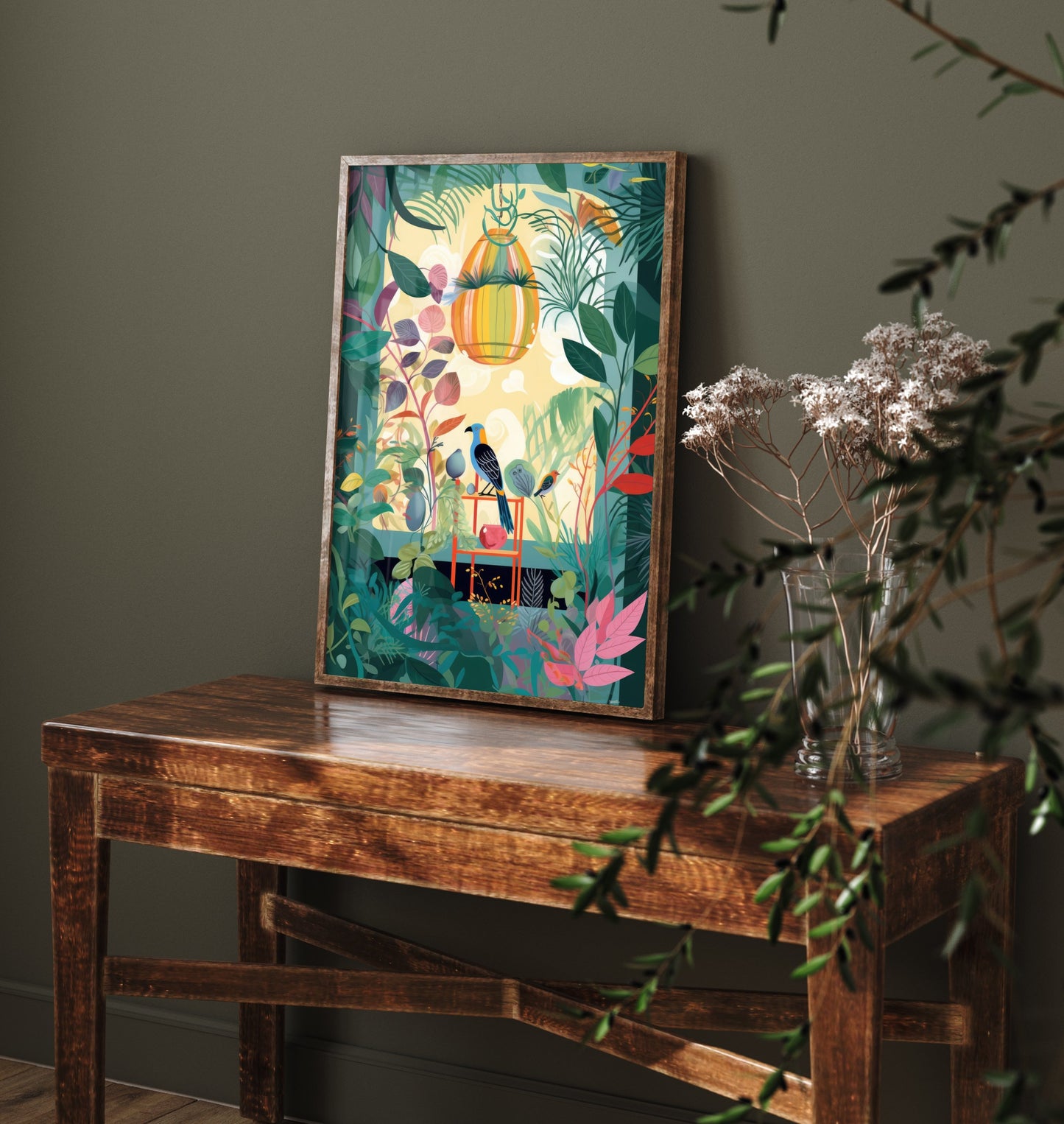 Botanical Birds Art Print - Tropical Jungle Illustration - Birdcage Plant Room Poster