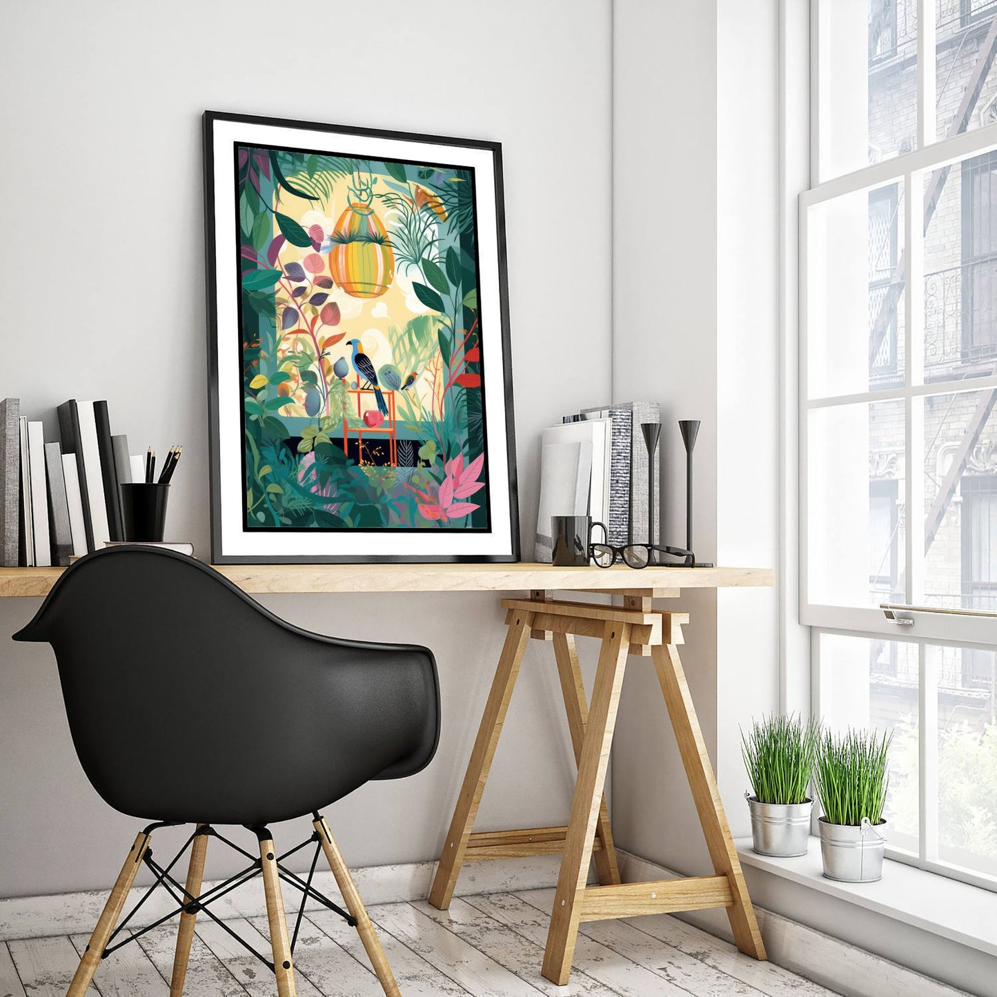 Botanical Birds Art Print - Tropical Jungle Illustration - Birdcage Plant Room Poster