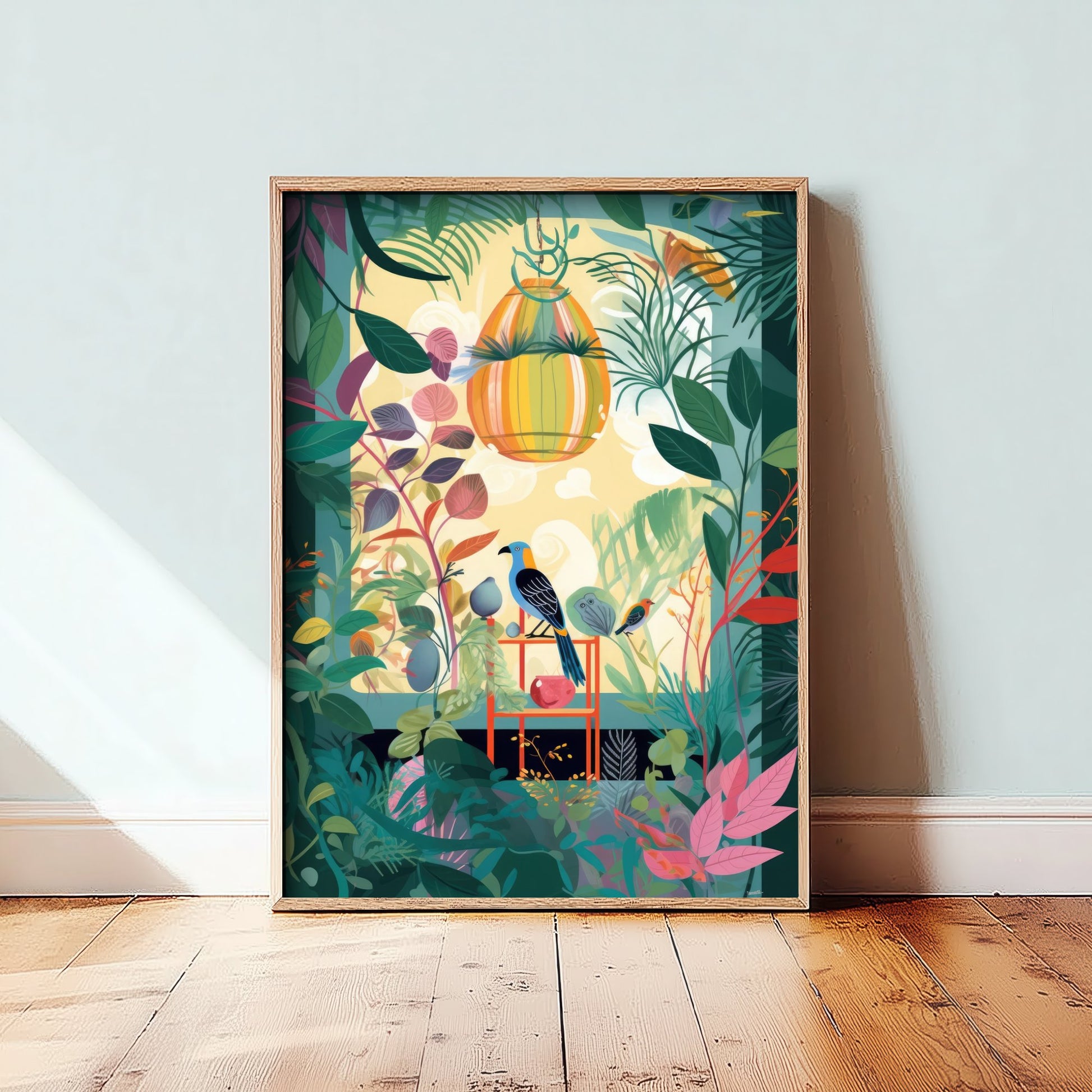 Botanical Birds Art Print - Tropical Jungle Illustration - Birdcage Plant Room Poster