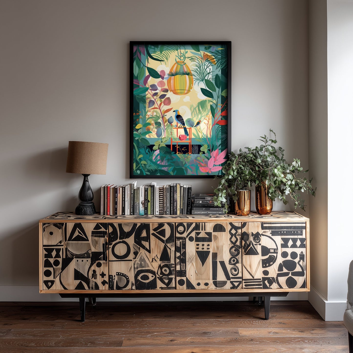 Botanical Birds Art Print - Tropical Jungle Illustration - Birdcage Plant Room Poster