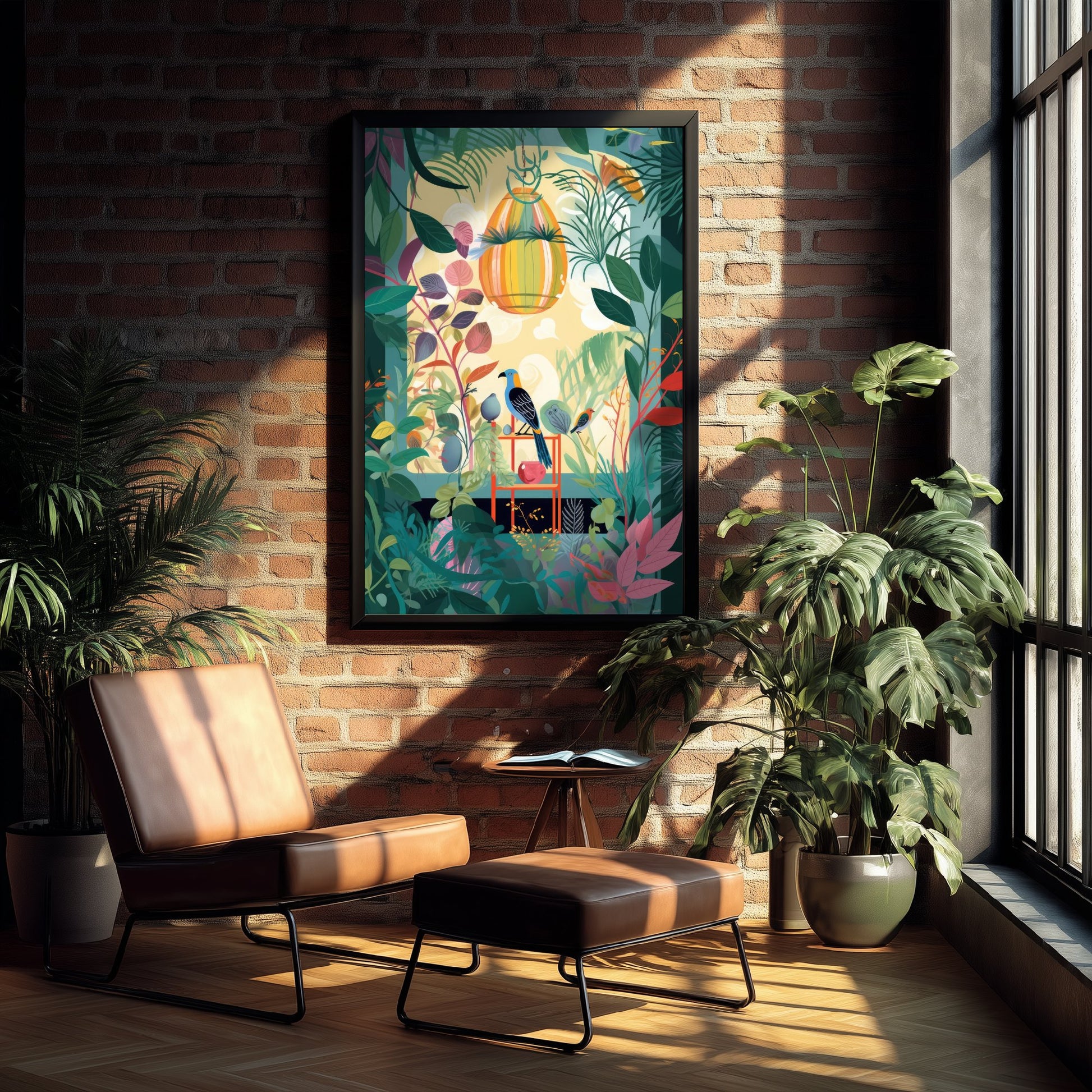 Botanical Birds Art Print - Tropical Jungle Illustration - Birdcage Plant Room Poster