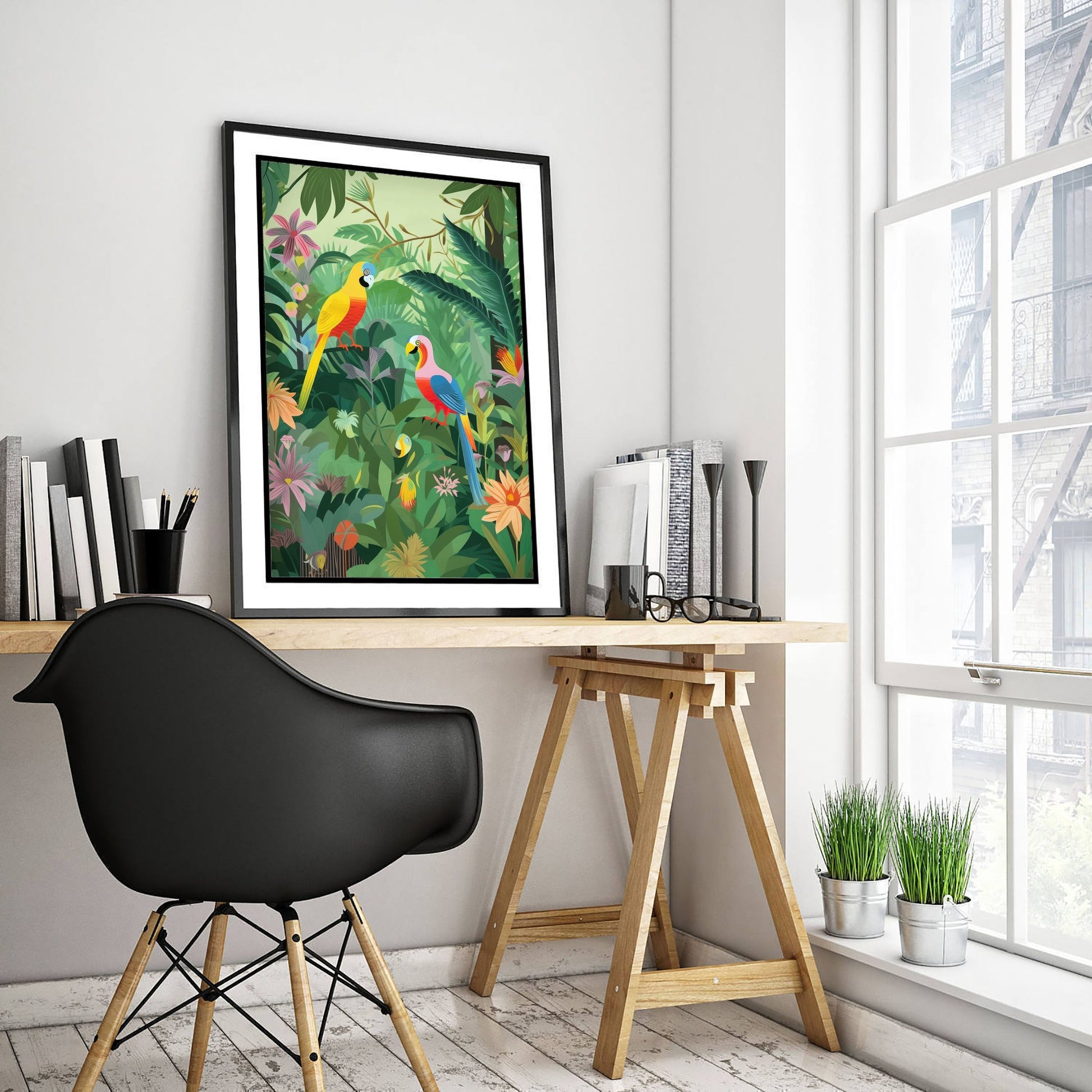 Parrots Jungle Art Print - Tropical Macaw Illustration - Rainforest Bird Poster