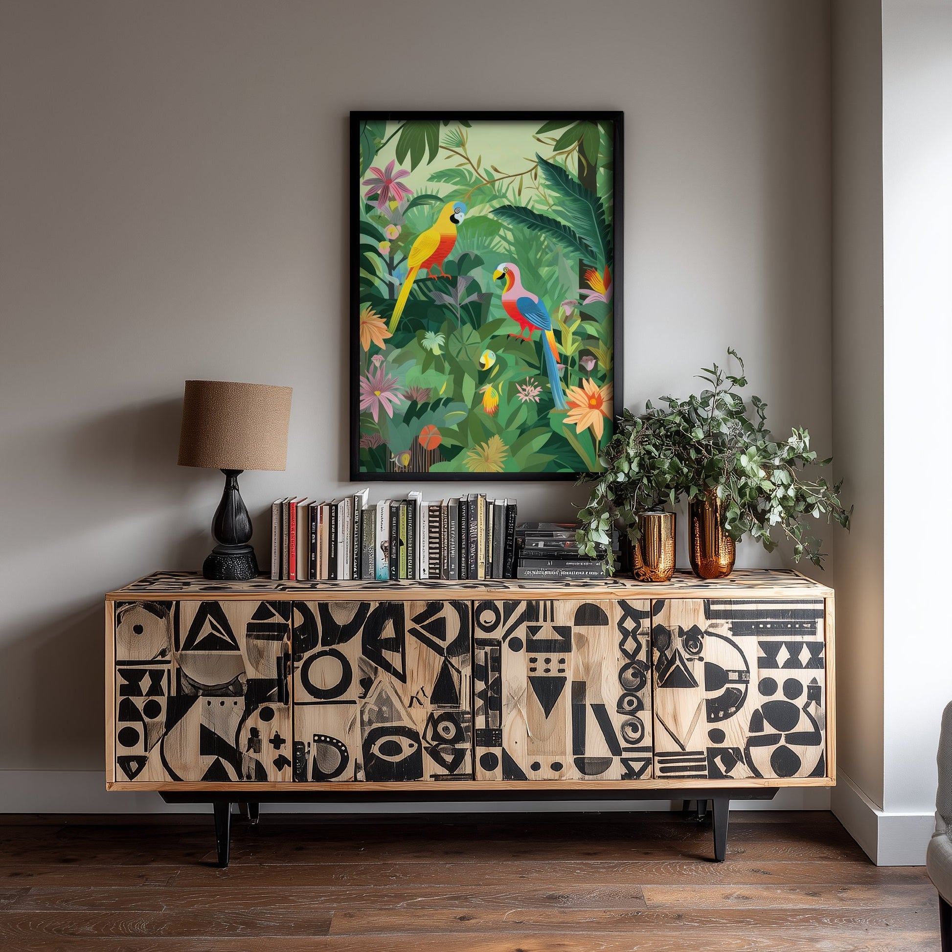 Parrots Jungle Art Print - Tropical Macaw Illustration - Rainforest Bird Poster