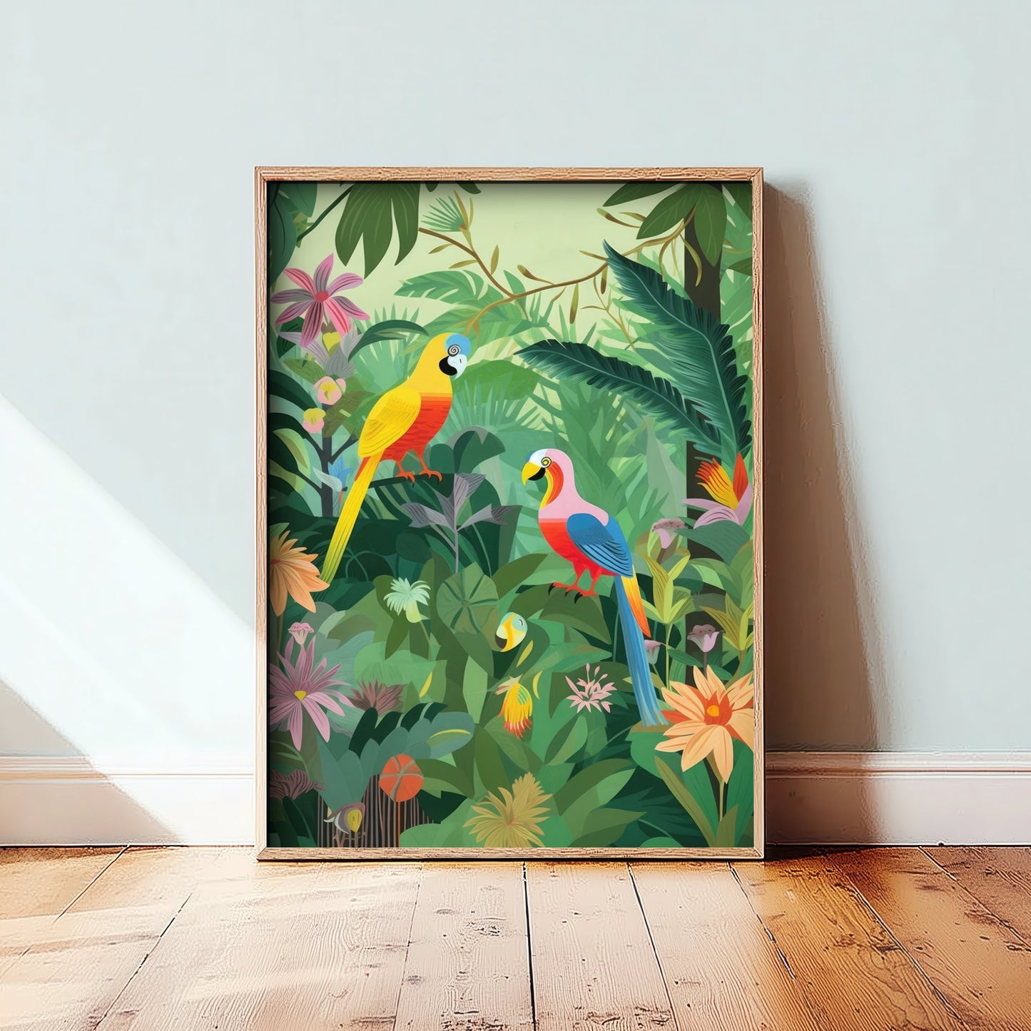 Parrots Jungle Art Print - Tropical Macaw Illustration - Rainforest Bird Poster