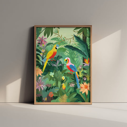Parrots Jungle Art Print - Tropical Macaw Illustration - Rainforest Bird Poster