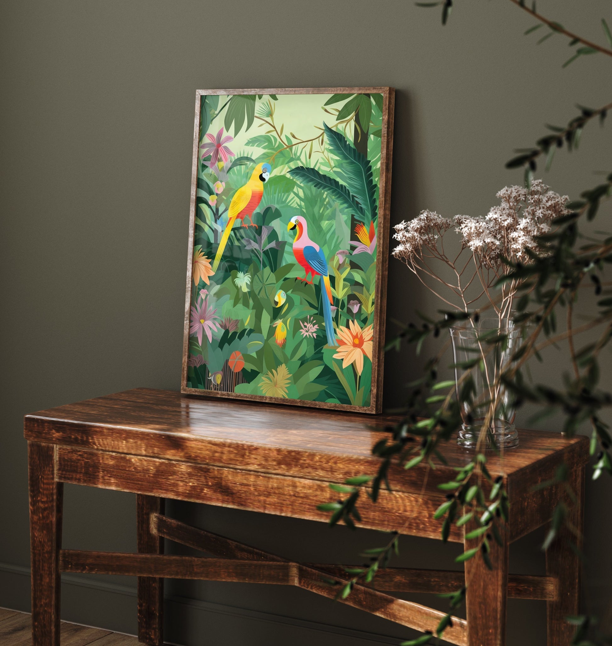Parrots Jungle Art Print - Tropical Macaw Illustration - Rainforest Bird Poster