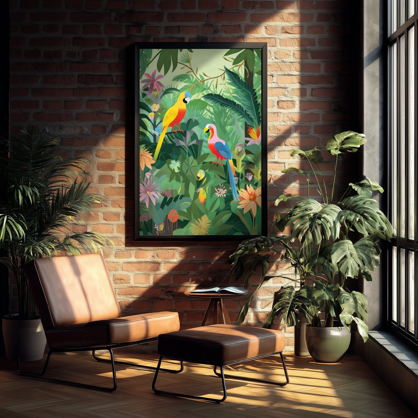 Parrots Jungle Art Print - Tropical Macaw Illustration - Rainforest Bird Poster