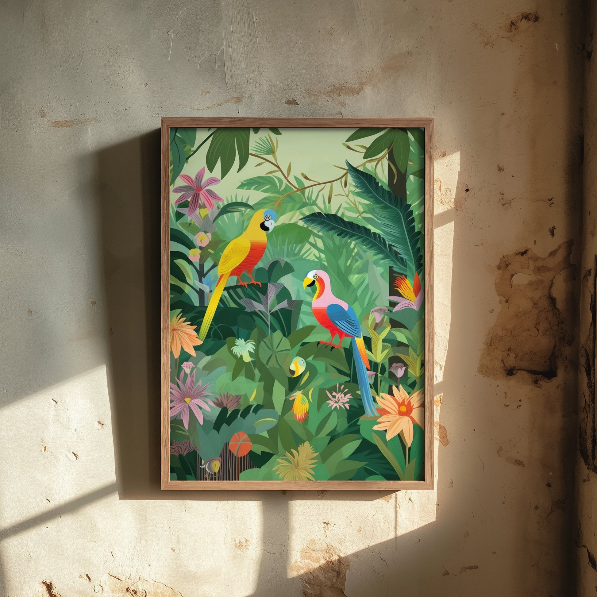 Parrots Jungle Art Print - Tropical Macaw Illustration - Rainforest Bird Poster