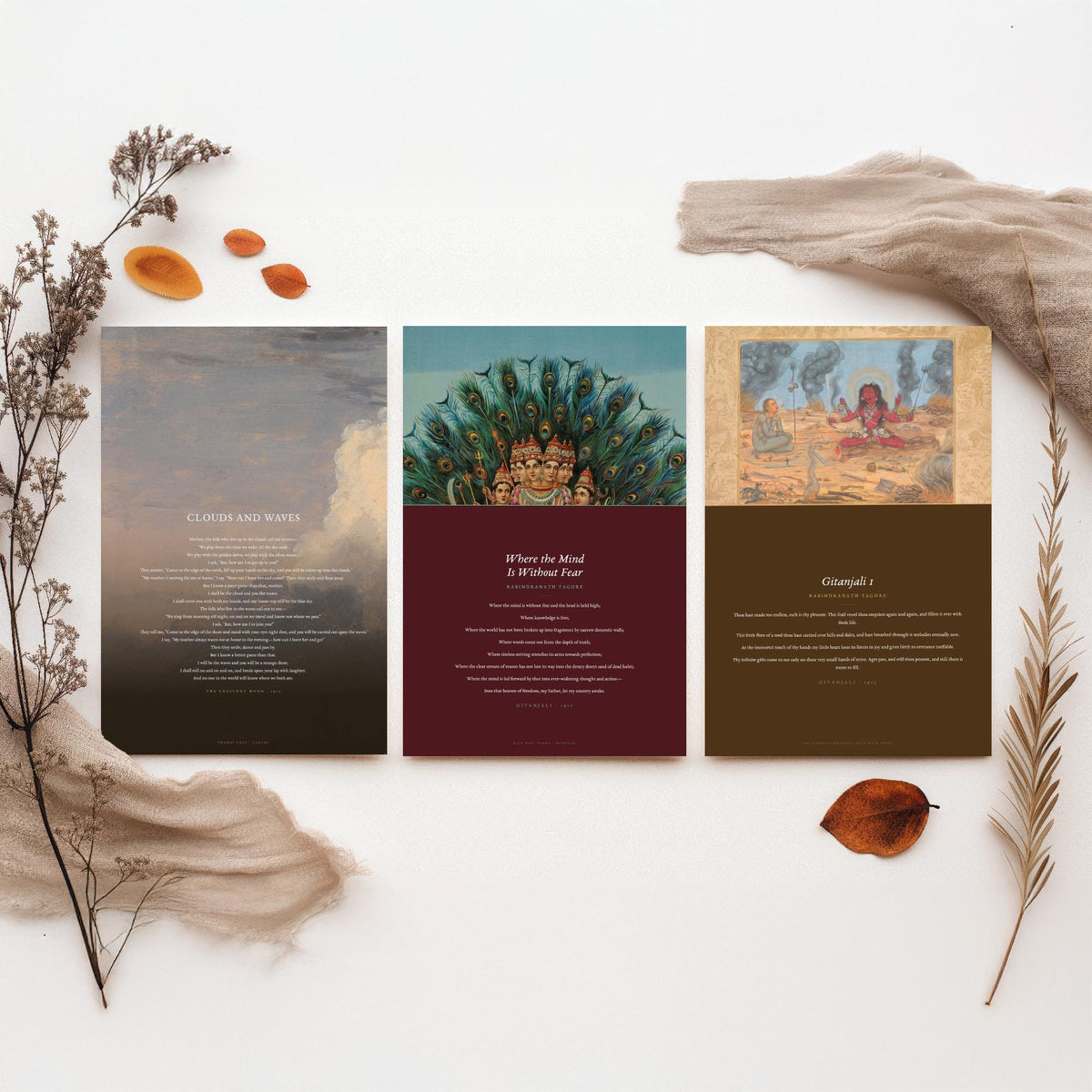 Rabindranath Tagore Poems Set of Three Art Prints - Where the Mind Is Without Fear, Gitanjali 1, Clouds and Waves - Painting Poster