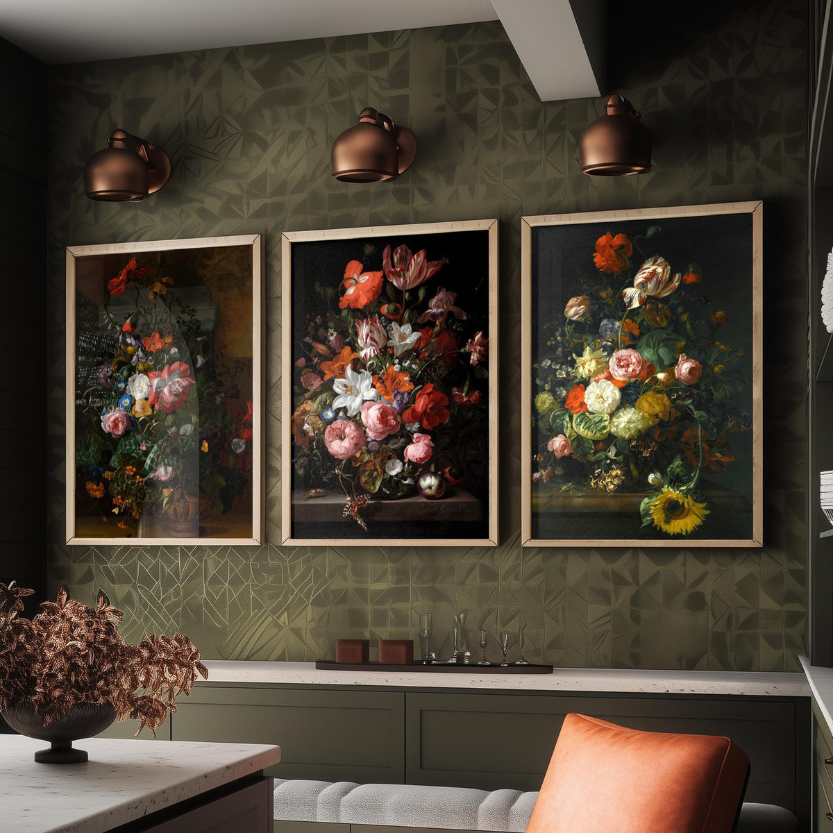 Rachel Ruysch Flower Still Life Set of Three Art Prints - Dutch Golden Age Bouquets - Dark Floral Painting Poster V1