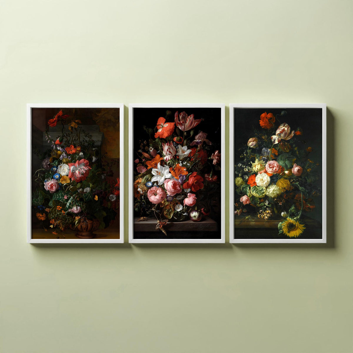 Rachel Ruysch Flower Still Life Set of Three Art Prints - Dutch Golden Age Bouquets - Dark Floral Painting Poster V1
